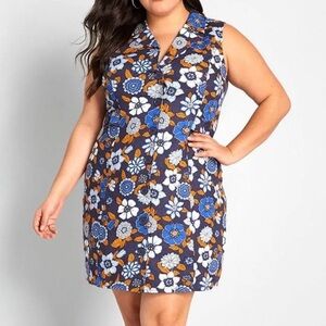 ModCloth Coasting Along Sleeveless Retro Floral Linen Blend Shirtdress | Size 14